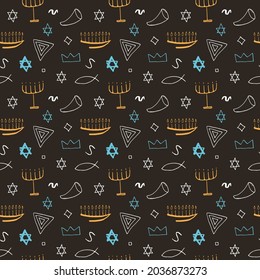 Jewish items seamless pattern, Jewish hand drawn lineart icons background, vector illustration.