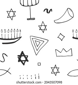 Jewish items seamless pattern, Jewish hand drawn lineart icons background, vector illustration.