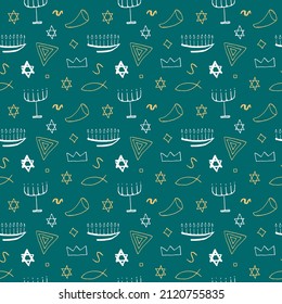 Jewish items seamless pattern, Jewish hand drawn lineart icons background, vector illustration.