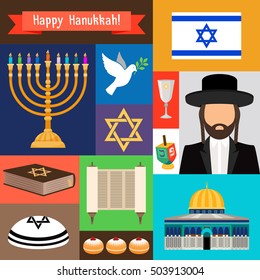 Jewish and judaism icons. Israel star and rabbi, synagogue and torah signs. Vector illustration