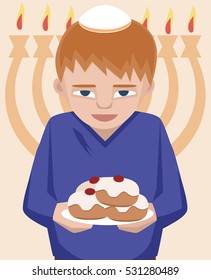jewish kid with sufganiyot, hanukkah greetings