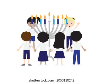 Jewish kids holding hands and standing around large Hanukkah menorah