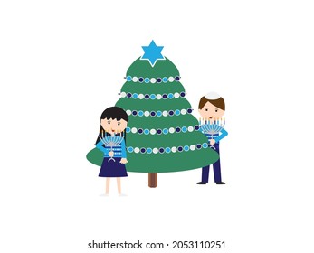 Jewish kids holding Hanukkah menorah standing near decorated Hanukkah tree on White background