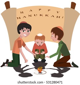 jewish kids with spinning top, happy hanukkah