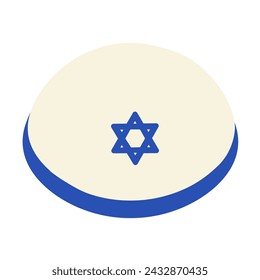 Jewish kipa cap headdress. Festive solid milk element, attribute of Jewish holiday. Cartoon flat vector icon in national colors of Israel flag isolated on white background