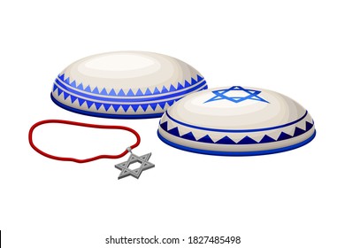 Jewish Kippah and Star of David as Religious Attribute of Hebrew Vector Illustration