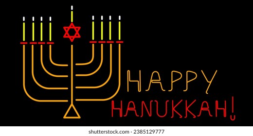 Jewish linear candlestick on a black background. Minimalistic vector Hannukah card.