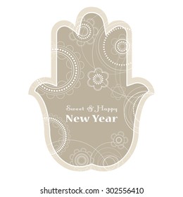 Jewish lucky hand (Hamsa) with abstract background.  Rosh Hashanah holiday card 