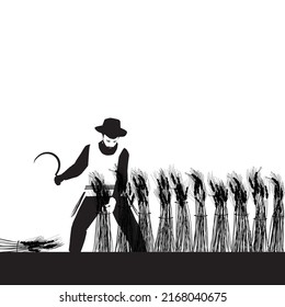 A Jewish man with a black hat cutting wheat sheaves in a field. Vector black silhouette.