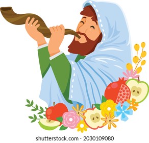 Jewish man blow the shofar on Rosh Hashanah