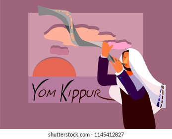 Jewish man blowing the Shofar (horn) of Rosh Hashanah (New Year)  and Yom Kippur(Day of Atonement).Vector image.EPS 8.