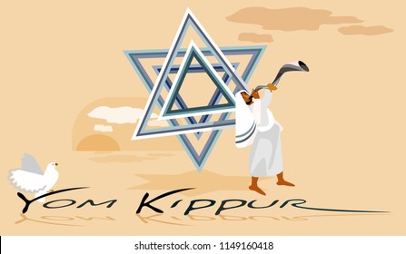 Jewish man blowing the Shofar (horn) of Rosh Hashanah (New Year)  and Yom Kippur(Day of Atonement).Greeting card.EPS 8.