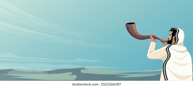 Um homem judeu soprando o Shofar em um fundo de montanha e céu, para o dia de Rosh Hashaná e Yom Kippur, ilustração vetorial