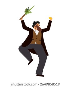 Jewish man dancing Hasidic dance. Man dressed in traditional Jewish clothes. celebration of Jewish holidays Sukkot and Simhat Tora and Simchat Beit HaShoeivah. vector