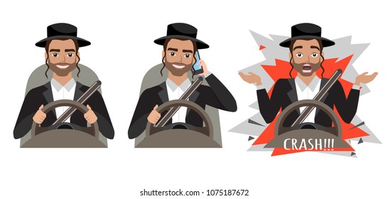 Jewish man driving a car. man driving a car talking on the phone. The man had an accident. crash