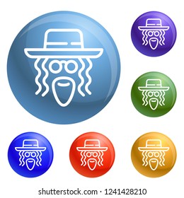 Jewish man face icons set vector 6 color isolated on white background