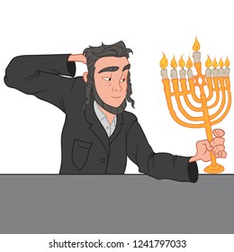 Jewish man with payot, holding menorah with the star of David on it