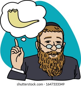 Jewish man pointing to traditional Shofar for Rosh Hashanah (jewish New Year holiday). What is Shofar. Jewish man with beard, glasses and yarmulke, in suit. On background. With black outline.