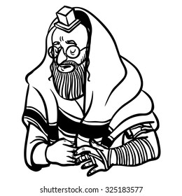 jewish man praying and put on tfilin. vector illustration