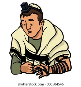 jewish man praying and put on tfilin. vector illustration