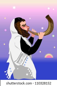 jewish man with shofar, holiday background,rosh hashana,