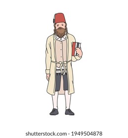 Jewish man in traditional Purim costume - cartoon jew in red hat and robe