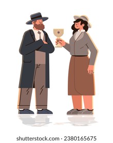 jewish man woman couple in traditional clothes standing together israel people holding glass s with david star happy hanukkah judaism religious holidays