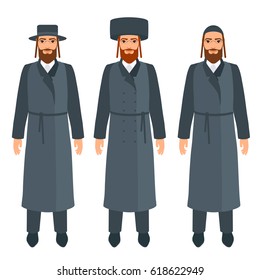 Jewish men set in traditional religious clothes and headdresses. Vector cartoon illustration set isolated on white.