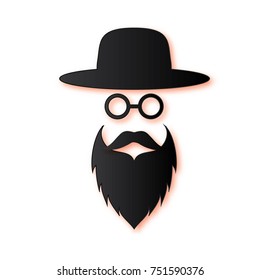 Jewish men in the traditional clothing. Ortodox Jew hat,mustache, glasses and beard. Man concept. Israel people. Black Paper cut style. Vector illustration.