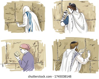 Hombres y mujeres judíos rezando en el sagrado Wailing Wall. Jerusalén. Israel
