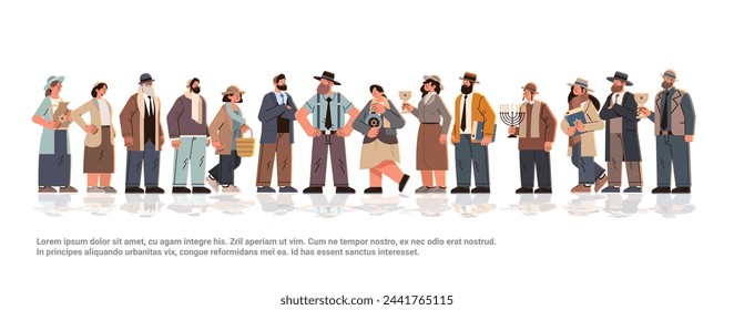 jewish men women in traditional clothes different israel people standing together happy hanukkah judaism religious holidays concept