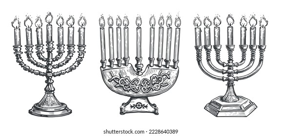 Jewish menorah with burning candles sketch. Religious symbol of Judaism. Vintage vector illustration