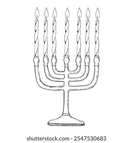 Menorá judaica com velas preto e branco linha vetor ilustração para coloração. Religião judaica candelabro desenho de tinta simples para Israel feriados tradicionais