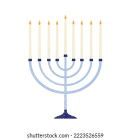 Jewish menorah with candles burning. Hanukkah nine-section candelabrum. Vector illustration in cartoon style. Isolated white background