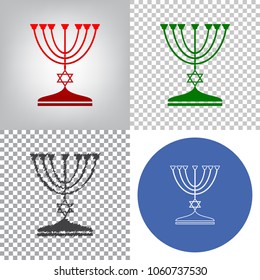 Jewish Menorah candlestick in black silhouette. Vector. 4 styles. Red gradient in radial lighted background, green flat and gray scribble icons on transparent and linear one in blue circle.