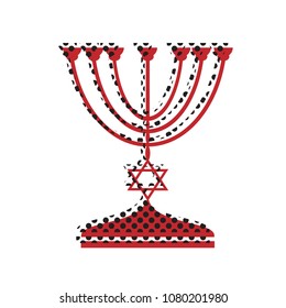 Jewish Menorah candlestick in black silhouette. Vector. Brown icon with shifted black circle pattern as duplicate at white background. Isolated.