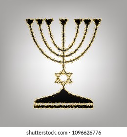 Jewish Menorah candlestick in black silhouette. Vector. Blackish icon with golden stars at grayish background.