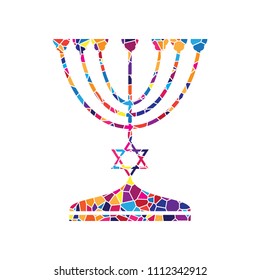 Jewish Menorah Candlestick In Black Silhouette. Vector. Stained Glass Icon On White Background. Colorful Polygons. Isolated.