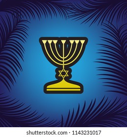 Jewish Menorah candlestick in black silhouette. Vector. Golden icon with black contour at blue background with branches of palm trees.
