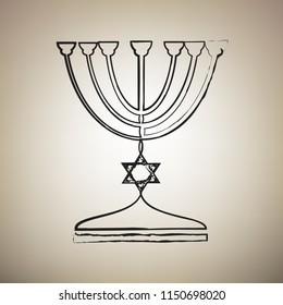Jewish Menorah candlestick in black silhouette. Vector. Brush drawed black icon at light brown background.