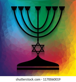Jewish Menorah candlestick in black silhouette. Vector. Flat style black icon on white.