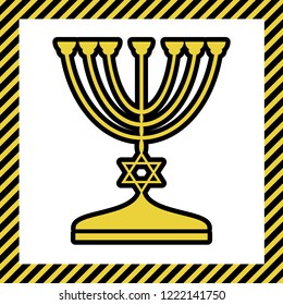 Jewish Menorah candlestick in black silhouette. Vector. Warm yellow icon with black contour in frame named as under construction at white background. Isolated.