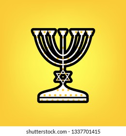 Jewish Menorah candlestick in black silhouette. Vector. Yellow polka dot white icon with black contour at warm yellow background.