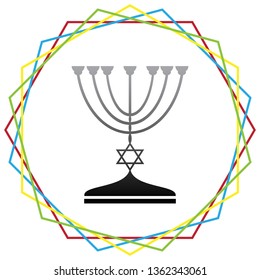 Jewish Menorah candlestick in black silhouette. Vector. Black icon with patch of light inside colorful hexagonal frames at white background.