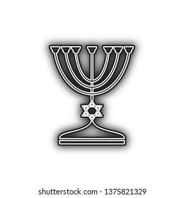 Jewish Menorah candlestick in black silhouette. Vector. Double contour black icon with soft shadow at white background. Isolated.