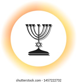 Jewish Menorah candlestick in black silhouette. Dark icon with shadow on the glowing circle button. Illustration.