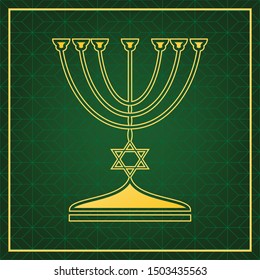 Jewish Menorah candlestick in black silhouette. Golden icon with gold contour at dark green gridded  background. Illustration.