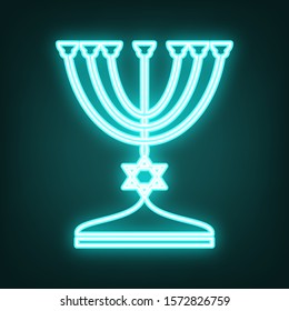 Jewish Menorah candlestick in black silhouette. Cyan neon icon in the dark. Bluring. Luminescence. Illustration.