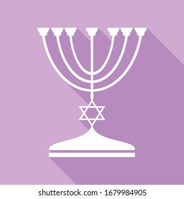 Jewish Menorah candlestick in black silhouette. White Icon with long shadow at purple background. Illustration.