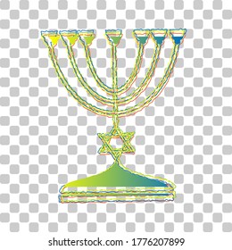 Jewish Menorah candlestick in black silhouette. Blue to green gradient Icon with Four Roughen Contours on stylish transparent Background. Illustration.